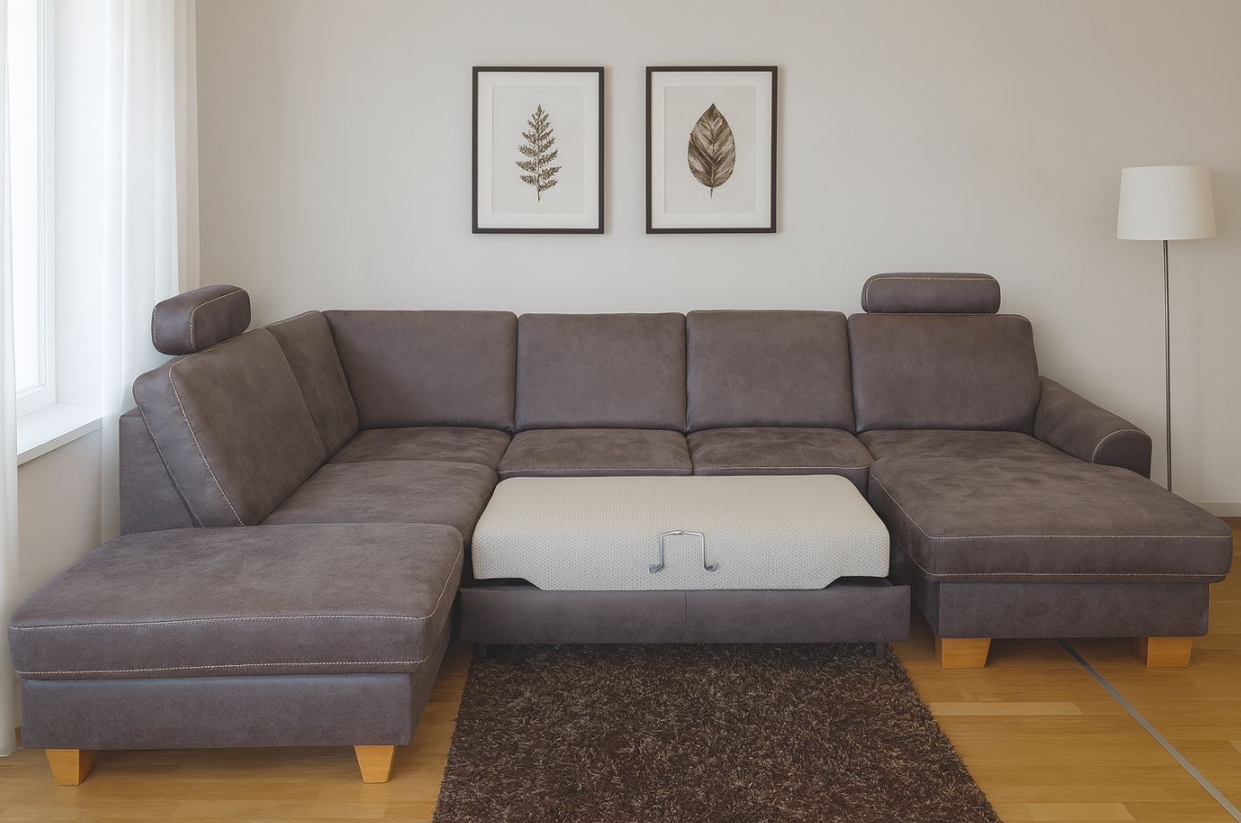 Stanley U alakú ülőgarnitúra, Taurus Grau szövet, tölgy láb, vendégággyal, tárolóval, fiókkal, relax funkcióval, 2 db fejtámlával, 313x235x167 cm