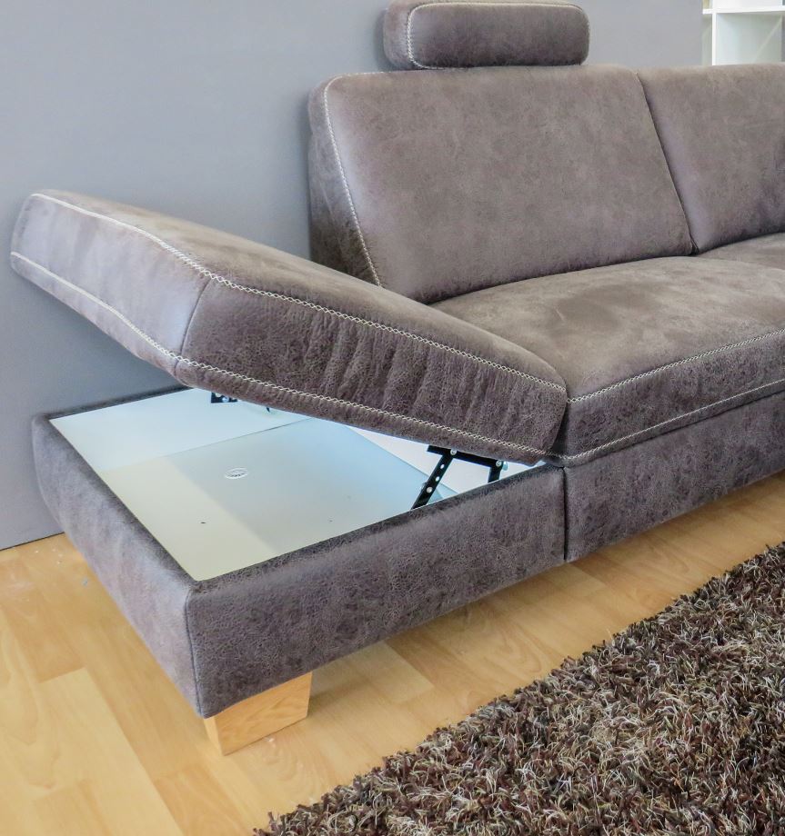 Stanley U alakú ülőgarnitúra, Taurus Grau szövet, tölgy láb, vendégággyal, tárolóval, fiókkal, relax funkcióval, 2 db fejtámlával, 313x235x167 cm