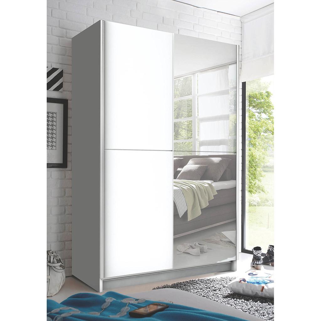 Safari tükrös, keskeny mélységű szekrény extra belső felszereltséggel, fehér/tükör, 125x195x38 cm