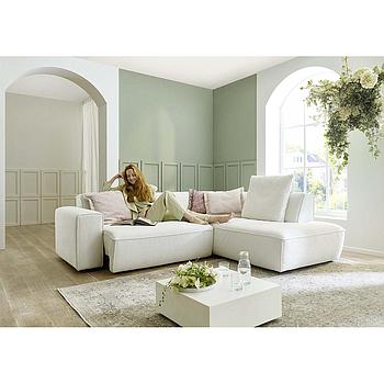 Marcus sarokgarnitúra, motoros kihúzható üléssel, Cody natúr, 1 db hengeres hátpárna + 5 db díszpárnával, 254x227 cm