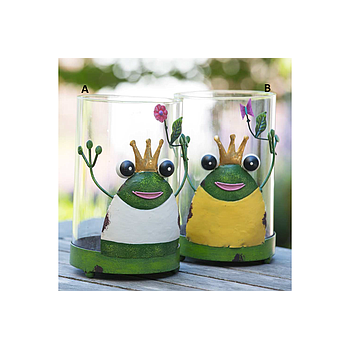Happy Frog mécsestartó fém, üveg betét zöld 16cm d:10cm"k"